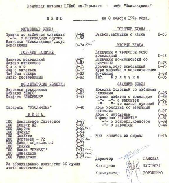 Меню кафе образца 1974 года